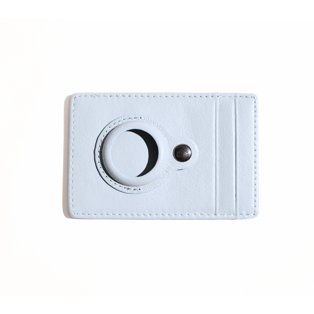 Celeste blue leather card holder with AirTag holder